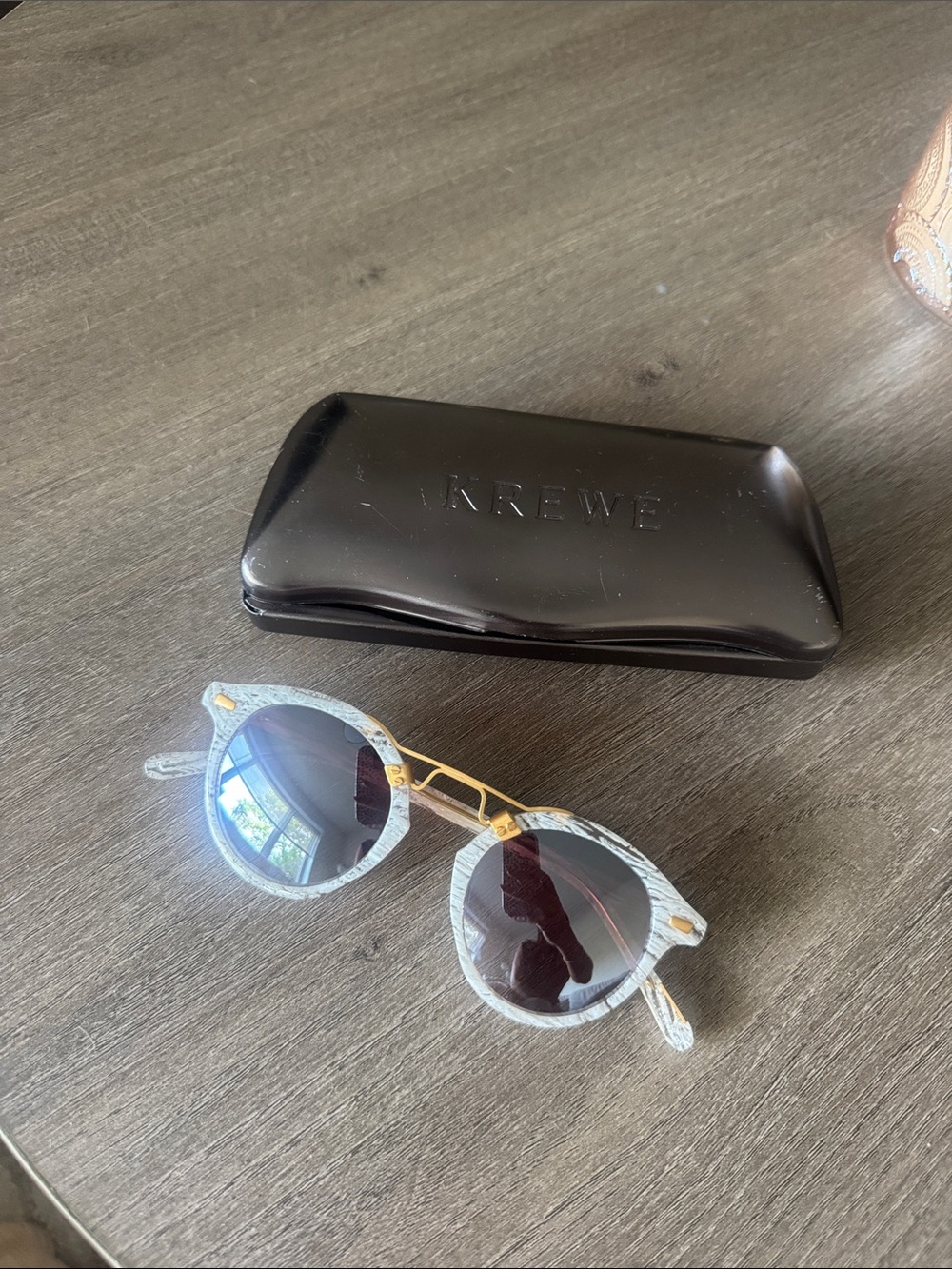 KREWE Round Marble-Pattern Sunglasses in Light Gray with Gold Accents